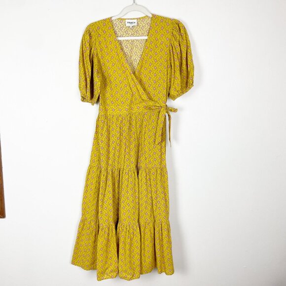 Frnch Paris Yellow Floral Wrap Midi Dress‎ S V-Neck Puff Sleeves Cinch Waist Tie - Picture 1 of 10